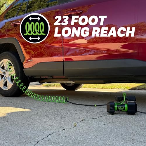 Slime Pro Power Wall Mounted Tire Inflator 120V SUV & 4x4 Air Compressor with Analog 100 psi Gauge, Long Hose, LED Light
