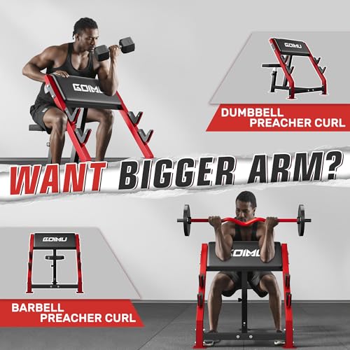Preacher Curl Bench - Adjustable Bicep Curl Machine with Red Padding