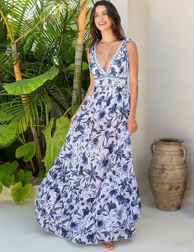 Blue and White V Neck Lace Up One Piece Swimsuit with Skirt - Medium