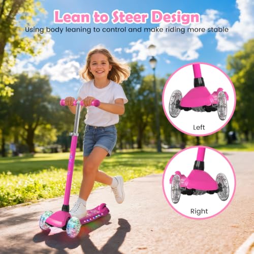 Kids Scooter with Lights and Adjustable Height - Rose Red, 7 Lighting Effects, 3-Wheel Toddler Ride-On