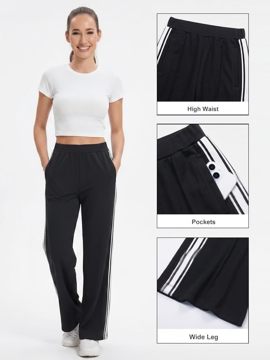 BISUAL Wide Leg Track Pants for Women - High Waisted Cotton Stretch Sweatpants in Baggy Style