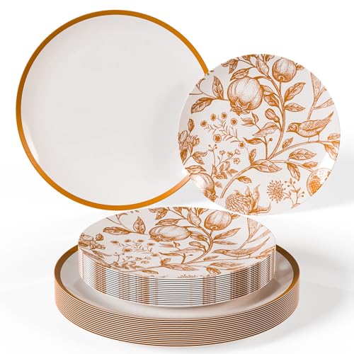 Trendables 40 Count Disposable Plastic Plates Set for 40 Guests - White & Brown Pomegranate Design, 8 & 10 Inch