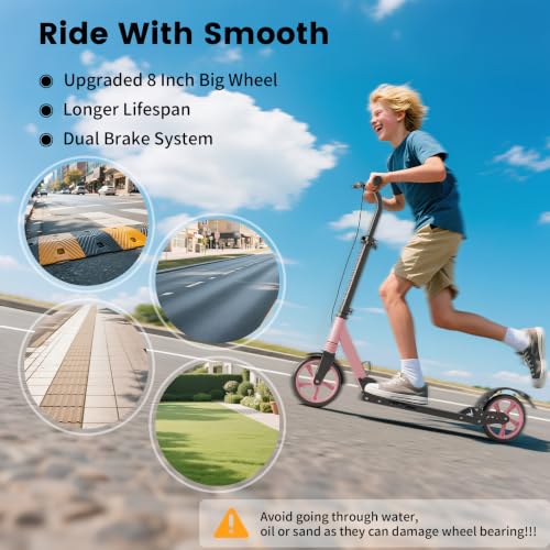 Pink Foldable Kids & Teen Kick Scooter with Dual Brakes & Front Suspension