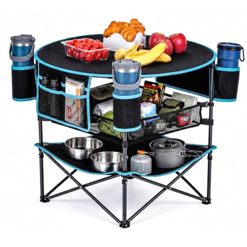 FUNDANGO Foldable Camping Table with Removable Mesh Shelf & 4 Cup Holders - Black