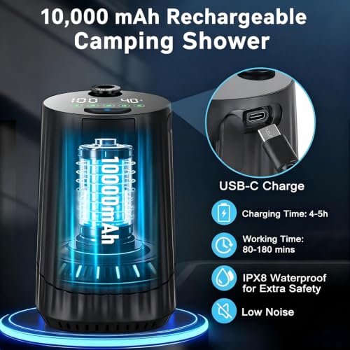 Tipkook Portable Camping Shower Black - 10000mAh Rechargeable Waterproof High-Pressure Outdoor Shower with LED Display, 5-Speed Pump for Hiking & Pet Bathing