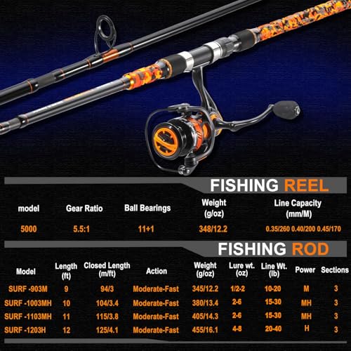 Sougayilang 10ft Orange Surf Fishing Rod Combo 3-Piece Medium/Heavy with 4000/5000 Reel