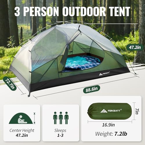 Forceatt 3-Person Waterproof Windproof Camping Tent - Green, Quick Setup