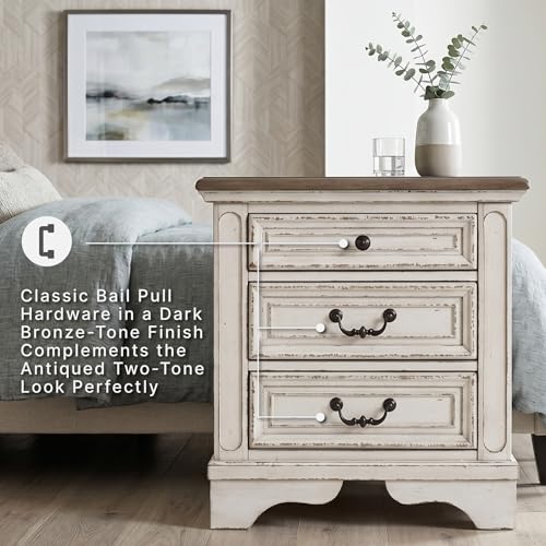 Chipped White 3-Drawer Nightstand with Charging Station - Cottage Chic