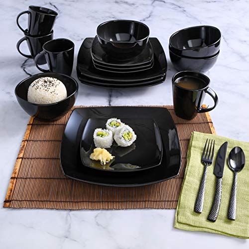 Gibson Elite Soho Lounge Square Reactive Glaze Stoneware Dinnerware Set for 4, Black, 16 pcs