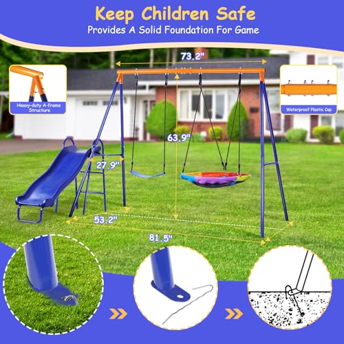 Blue Backyard Swing Set with Kids Slide and Saucer Swing - Heavy-Duty Metal Frame