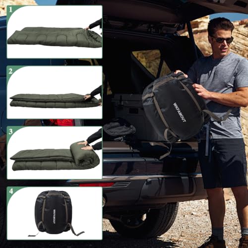 WKFAMOUT Olive Double Sleeping Bag for Adults, 2 Person Cold Weather Camping