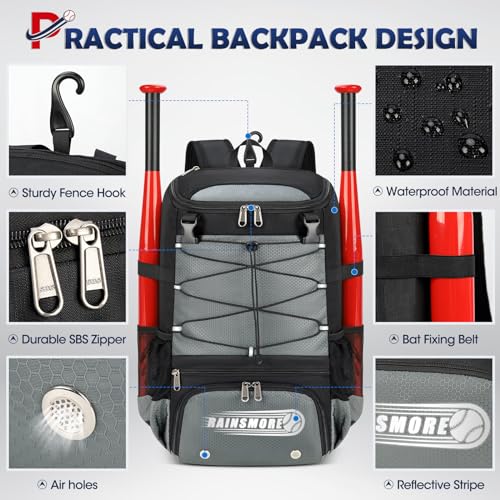 RAINSMORE Baseball Backpack for Youth & Adult with Shoe Compartment - Grey