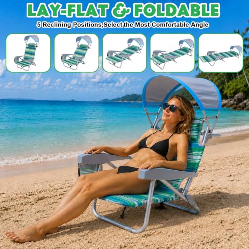 EggSun Ocean Striped Portable Beach Chair with Canopy - Reclining, Foldable & Adjustable for Adults