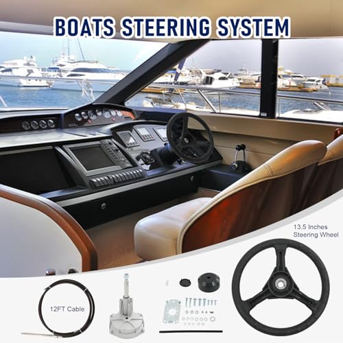 12ft Boat Steering Cable System with 13.5 Inch Rotary Steering Wheel - Variation 12T