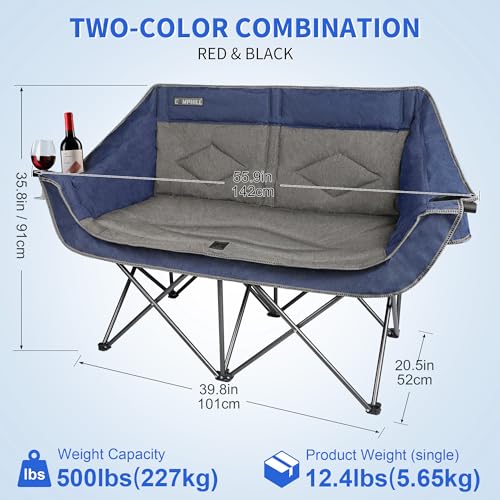 Blue Oversized Double Camping Chair - Heavy Duty 2-Person Folding Loveseat for Outdoor Use