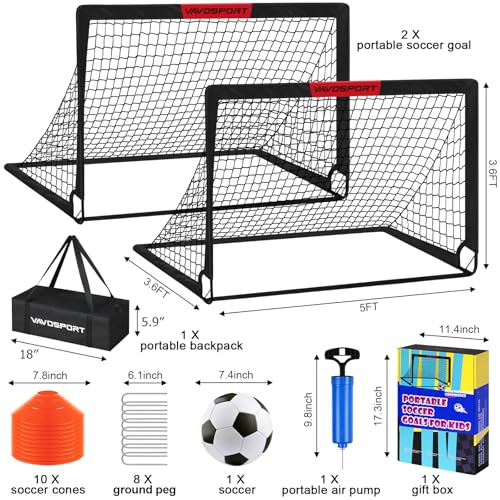 VAVOSPORT 5ft x 3.6ft Kids Soccer Goals Set of 2 - Portable Backyard Soccer Training Equipment, Black