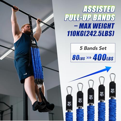 Pull Up Assistance Bands Set with Foot Support Pedal - 5 Resistance Bands 80LBS Blue