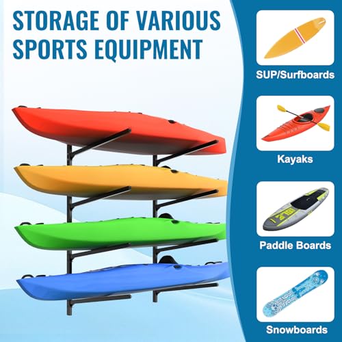 Adjustable Kayak Wall Mount Rack for Indoor Outdoor Storage - 4 Kayaks