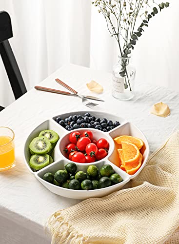 White Porcelain Chip & Dip Serving Set with 5 Compartments - Elegant Platter for Snacks