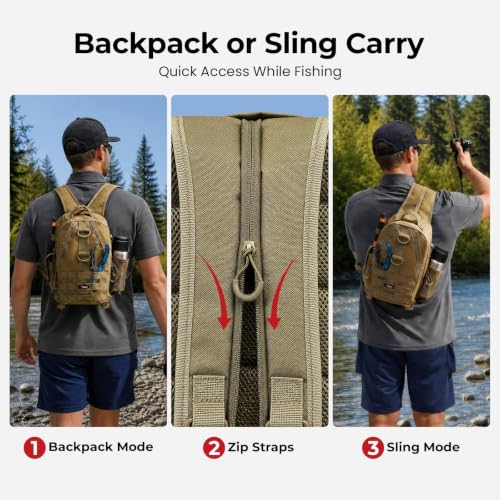 Piscifun Fishing Backpack with Rod Holders, Lightweight Sling Bag Khaki - Standard / Urban