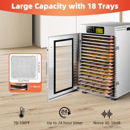 Commercial Food Dehydrator with 18 Trays 2000W Stainless Steel Large Capacity for Jerky Fruit Herbs