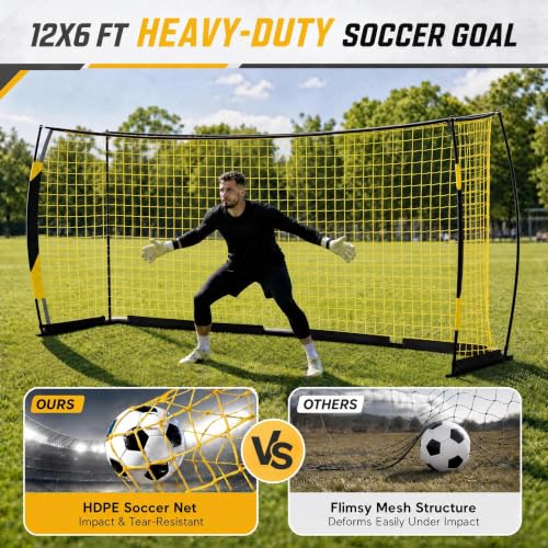 Garvee 12x6FT Yellow Soccer Goal with Foam Padded Posts, Heavy Duty Steel Frame, Portable Outdoor Training