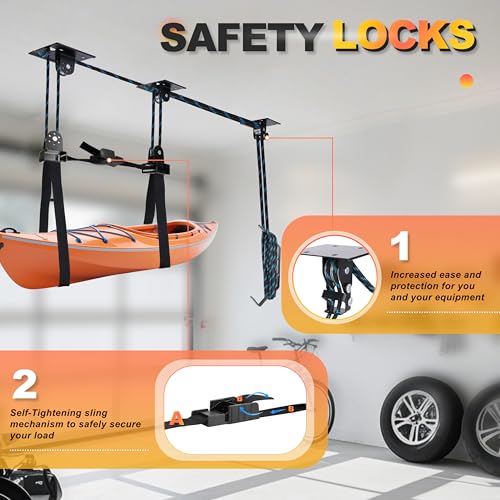 Garage Ceiling Kayak Hoist 10-14 Ft - Heavy Duty Lifting System for Up to 150 lbs