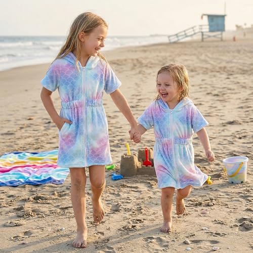 Girls Hooded Swim Cover Up with Zipper - Quick Dry Terry Cloth Wrap for Pool & Beach, Ages 4-14