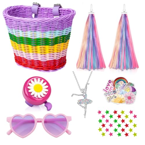Rainbow Kids Handlebar Bicycle Basket Set with Necklace Bell Streamers and Stickers