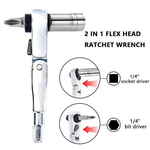Cosmedge Flex Head Ratchet Wrench,2 in 1 Mini Hex Bits Adapters for Socket & Bit Driver,1/4 Inch Stubby Ratchet Wrench,72-Tooth Gear