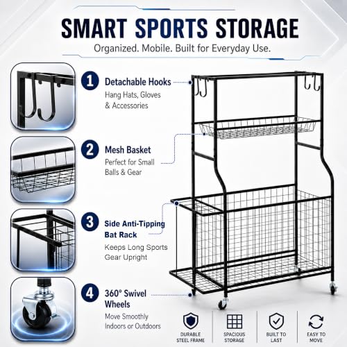 Garage Sports Equipment Storage Rack with Wheels, Ball, Bat, and Toy Organizer