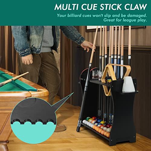 Wooden Pool Cue Rack Stand for 10 Cues & Billiard Accessories Storage