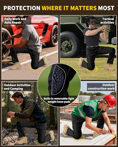 Men's Tactical Work Pants with Removable Knee Pads - Water-Resistant Cargo, 36W x 30L, Black