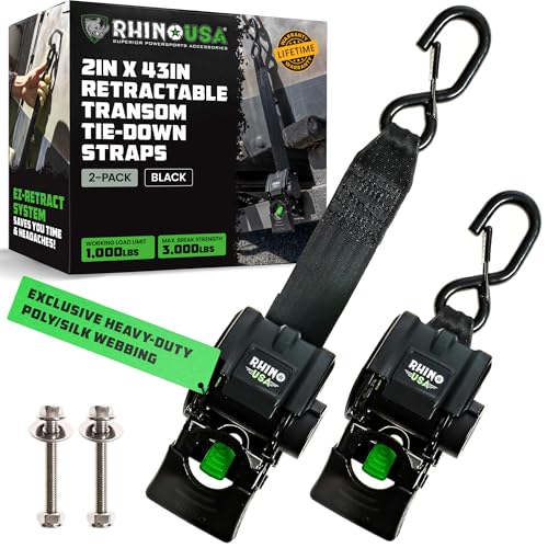 Rhino USA Retractable Boat Transom Straps Black Powder Coated 2-Pack - Freshwater Use