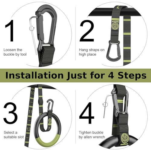 Black-Green Adjustable Gymnastic Rings with Straps, Non-Slip Pull Up Rings, 1322lbs Support