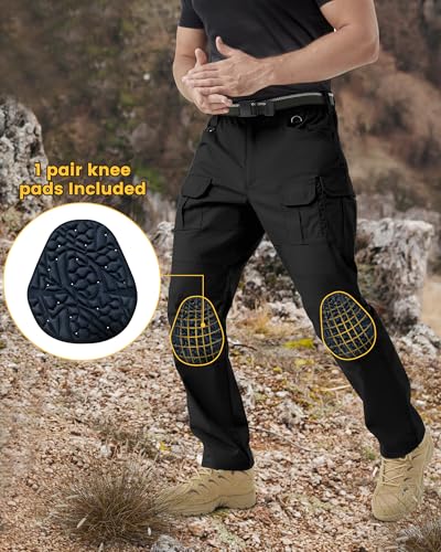 Men's Tactical Work Pants with Removable Knee Pads - Water-Resistant Cargo, 36W x 30L, Black