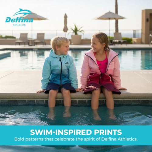 Delfina Kids Swim Parka for Ages 9-14, Water-Resistant Unisex Youth Jacket with Removable Sleeves & Hood, Blue