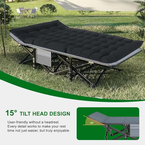 Portable Camping Cot with Removable Pad & Storage Pocket - Black - 28" Wide