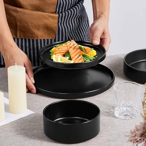 Herogo Matte Black Dinnerware Set for 6 - 24 Piece Stoneware Plates, Bowls & Pasta Bowls