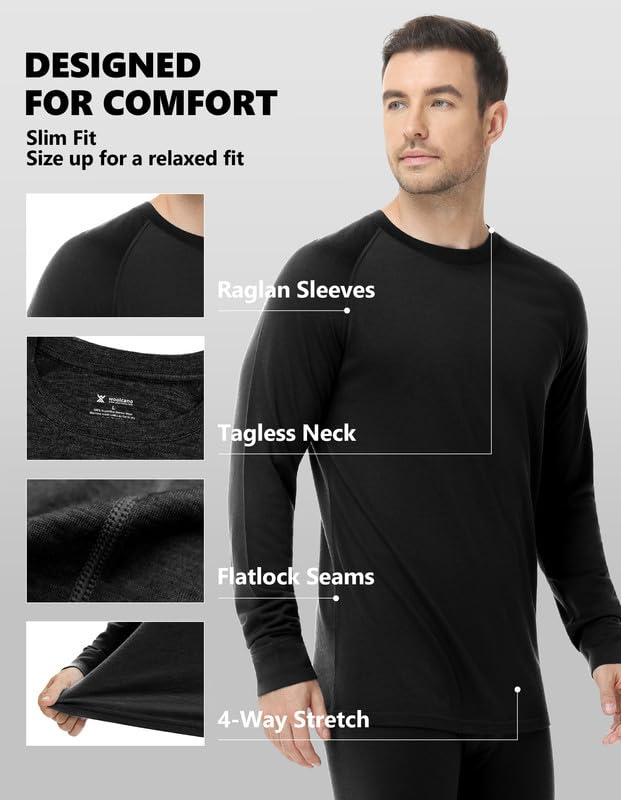 Woolcano Men's Merino Wool Base Layer Set Small Black - Lightweight Ski Base Layer