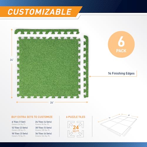 Green Turf Mat 6 Interlocking Tiles - 24 Sq Ft Artificial Grass Flooring