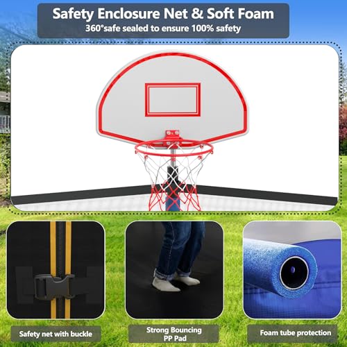 Lyromix 12ft Cobalt Blue Outdoor Trampoline with Lights, Sprinkler & Basketball Hoop