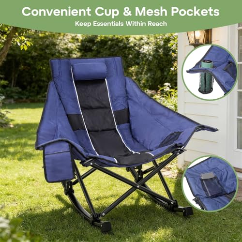 Suteck Navy Blue Oversized Rocking Camping Chair with Padded Seat & Cup Holder