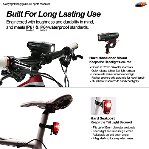 All-Season Cygolite Bike Light Set - 800 Lumen Front & 150 Lumen Tail Lights, USB Rechargeable, Safety Modes