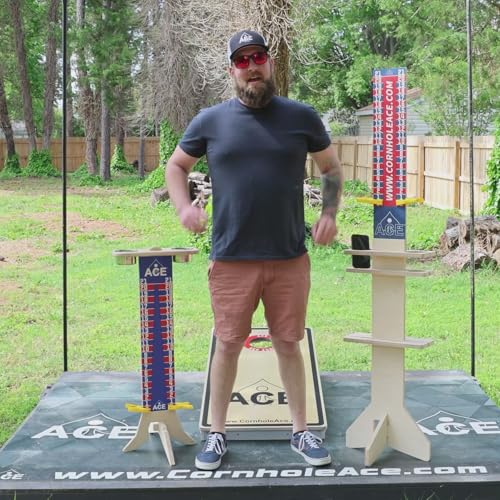 CornholeAce Elite Scoreboard 3ft Navy Blue/Red Tall Stand with Phone & Drink Holders