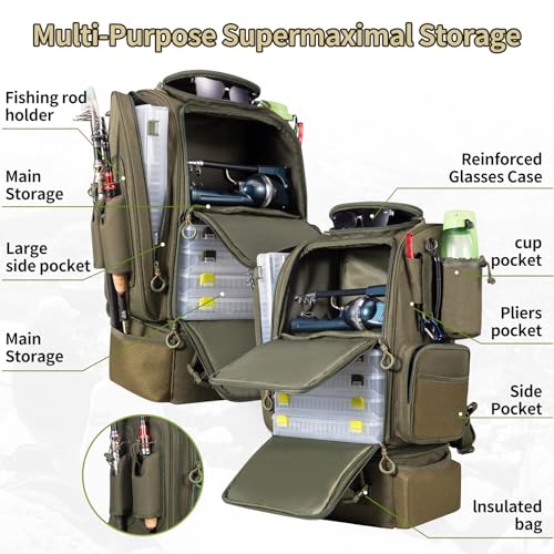 Fishing Backpack with Cooler and Rod Holder - Army Green