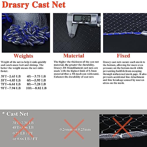 10ft Drasry Saltwater Cast Net with Lead Sinkers for Bait Fishing - 3/8 Mesh