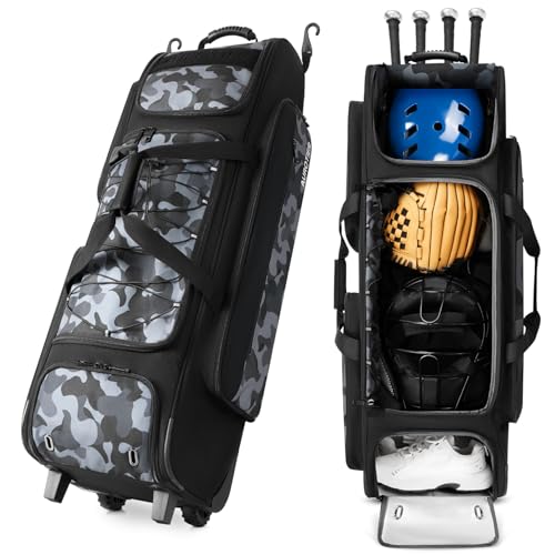 AUROTIER Black Camo Large Rolling Baseball Catcher Gear Bag with Wheels, Waterproof Shoe Compartment & 4 Bat Sleeve