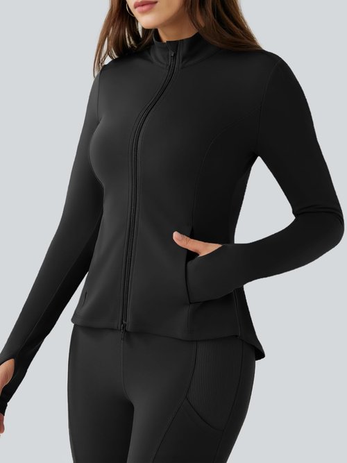 Fisoew Women's Zip Up Workout Jacket Pleated Lightweight Slim Fit Stand Collar Thumb Hole Tops with Pockets