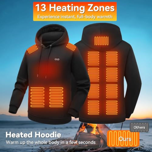 Men's Large Black Heated Hoodie with Battery & 13 Heating Zones - Lightweight Electric Sweatshirt